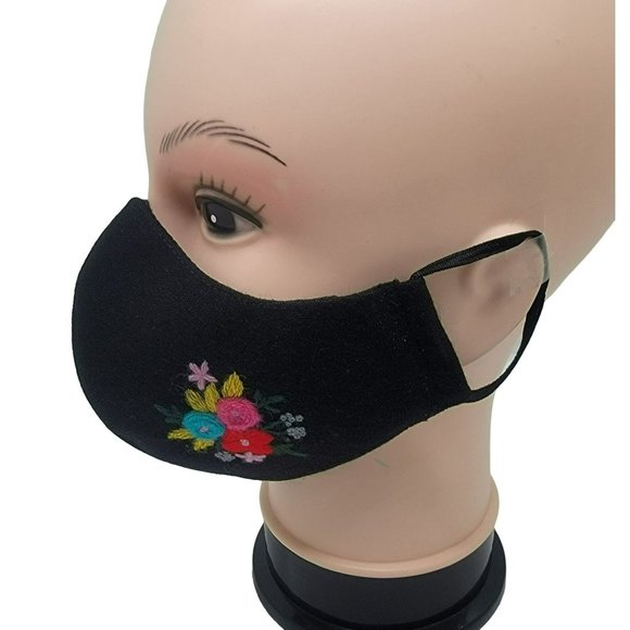 New Face cover ear loop black Mask Women's Embroidered handmade  bouquet flowers - Picture 1 of 6